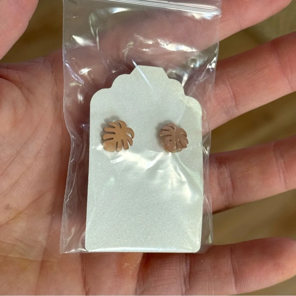 7 Pair of Tropical Leaf Monstera Earrings Bridesmaid Gift Rose Gold Studs